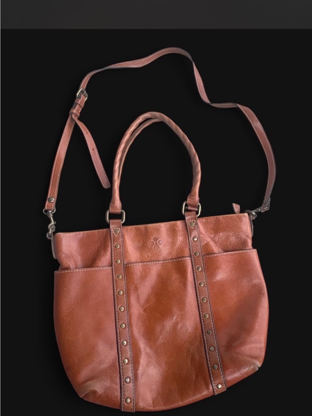 Patricia Nash Cognac Brown Leather Shoulder Tote with Stud Trim